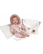 Bebé reborn 40 cm Manuela rosa con bolso y cojín