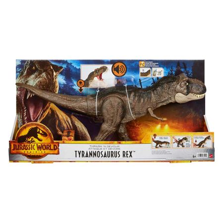 Jurassic World dinosaurio T-Rex golpea y devora