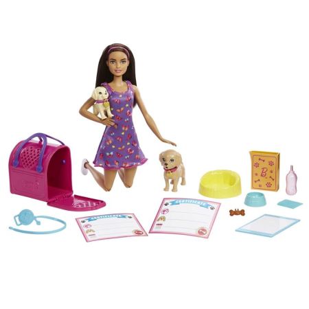 Muñeca Barbie adopta perritos vestido morado