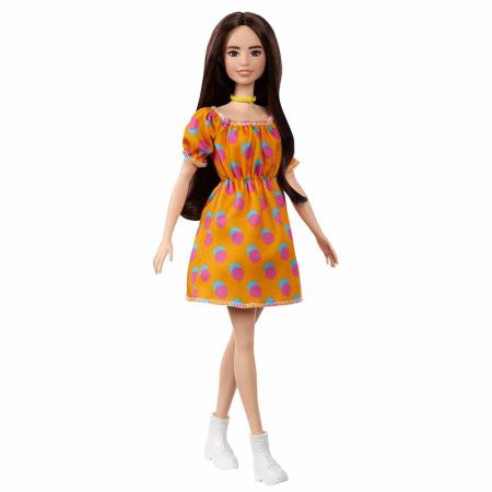 Muñeca Barbie Fashionista morena vestido sin hombr