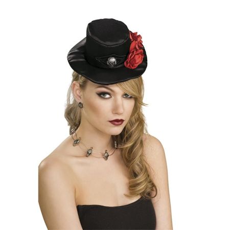 Mini sombrero gótico negro con rosas rojas
