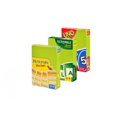 Juegos de cartas Scrabble Pictionary y Uno